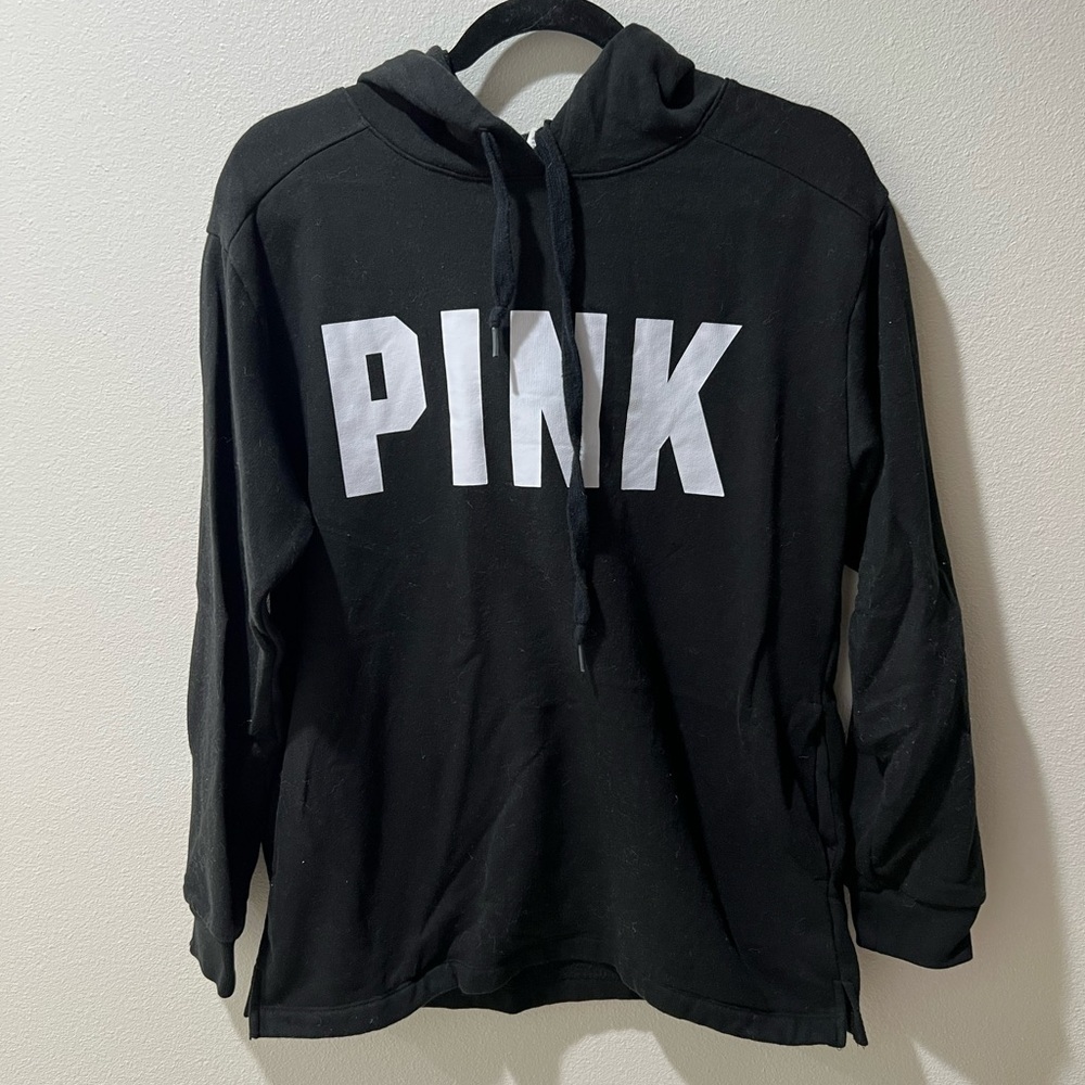 Victoria’s Secret PINK Black Hoodie with White Logo, sz small, tunic style, EUC